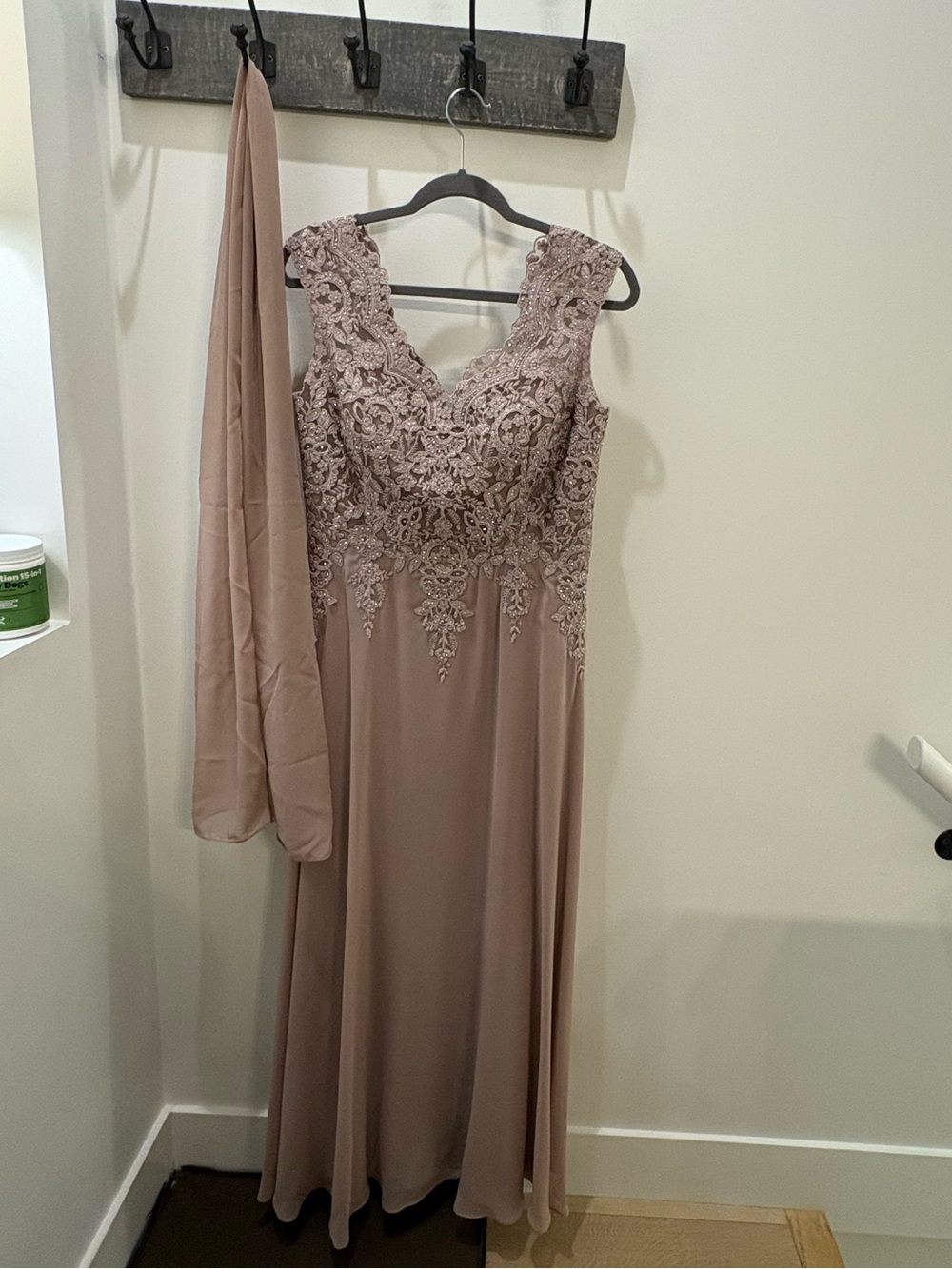 Cachet Dusty Mauve Lace Applique Chiffon Dress with Shawl from David’s Bridal